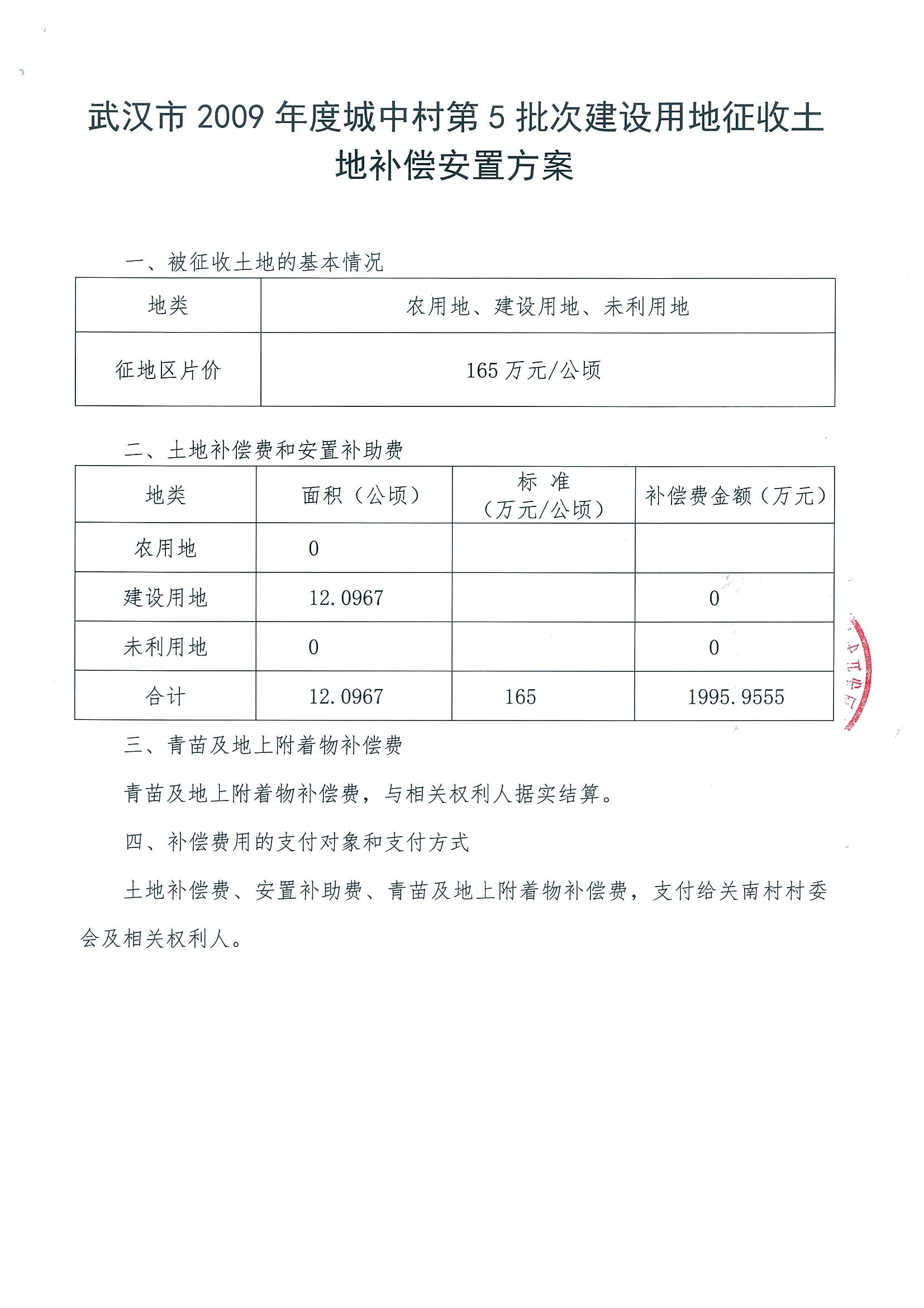 武汉市2009年度城中村第5批次建设用地征收土地补偿安置方案(关南村)
